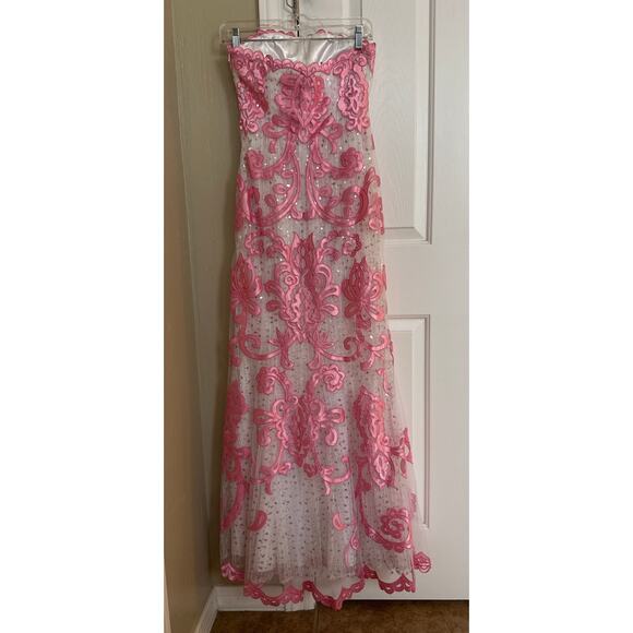 Jovani Strapless Long Gown Pink Ribbon White Layers Sequins 0 - Picture 4 of 9